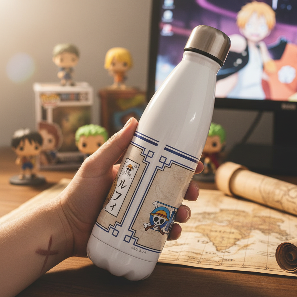Fans Geek Store One Piece stainless steel 500ml thermos bottle featuring Monkey D. Luffy design held in hand