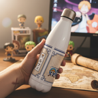 Fans Geek Store One Piece stainless steel 500ml thermos bottle featuring Monkey D. Luffy design held in hand