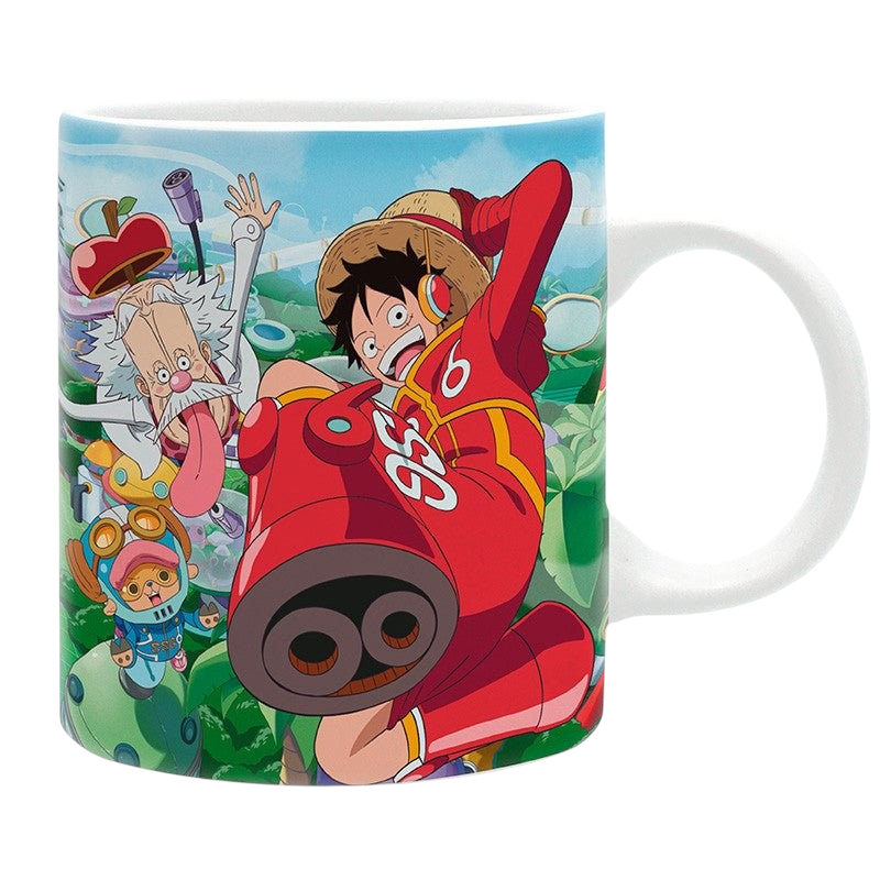 Fans Geek Store ceramic mug featuring Monkey D. Luffy and Dr. Vegapunk in an Egghead Island design