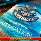 Fans Geek Store One Piece Marine membership application document with blue ocean background and silver emblem