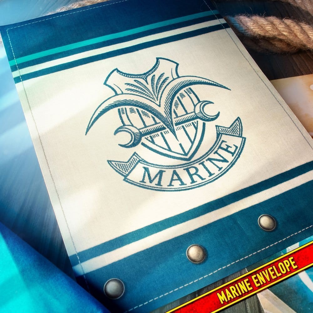 Fans Geek Store One Piece Marine recruitment kit envelope with blue and cream stripes and metallic button details