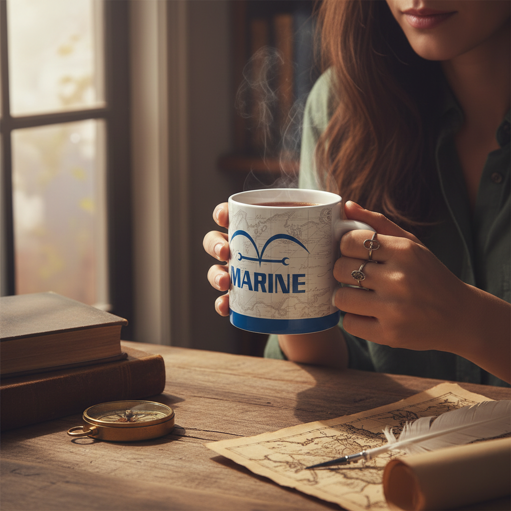 Fans Geek Store One Piece Marine ceramic mug with logo and map print held by a woman at a wooden desk
