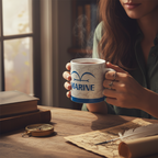 Fans Geek Store One Piece Marine ceramic mug with logo and map print held by a woman at a wooden desk