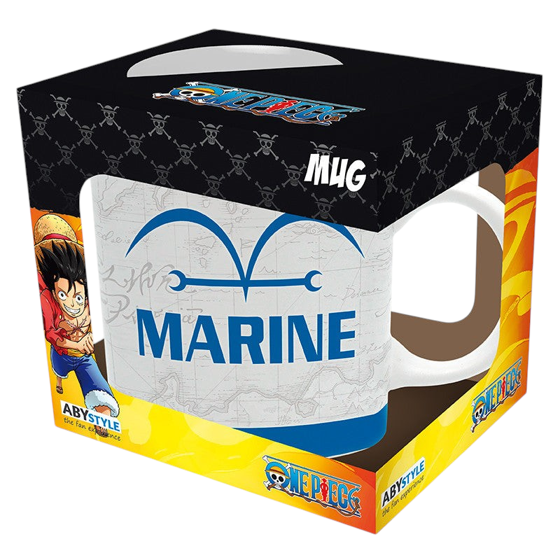 Fans Geek Store One Piece Marine ceramic mug with blue logo and map print in branded gift box