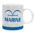 Fans Geek Store One Piece Marine ceramic mug with blue logo and map print, 320ml dishwasher safe coffee cup.