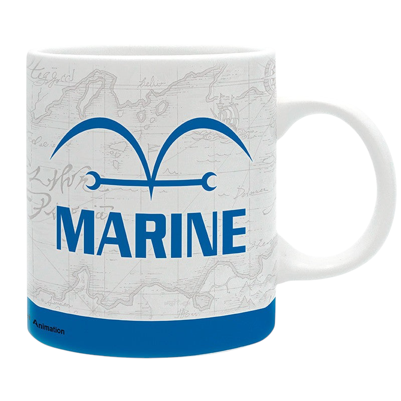 Fans Geek Store One Piece Marine ceramic mug with blue logo and map print, 320ml dishwasher safe coffee cup.