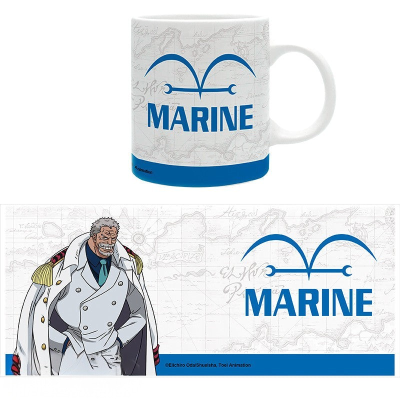 Fans Geek Store One Piece Marine ceramic mug featuring Garp and the navy emblem on a map background