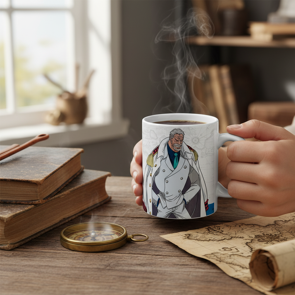 Fans Geek Store One Piece Marine ceramic mug featuring Garp, held in hands on a wooden desk with a compass and map.