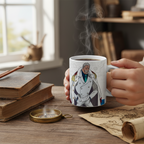 Fans Geek Store One Piece Marine ceramic mug featuring Garp, held in hands on a wooden desk with a compass and map.