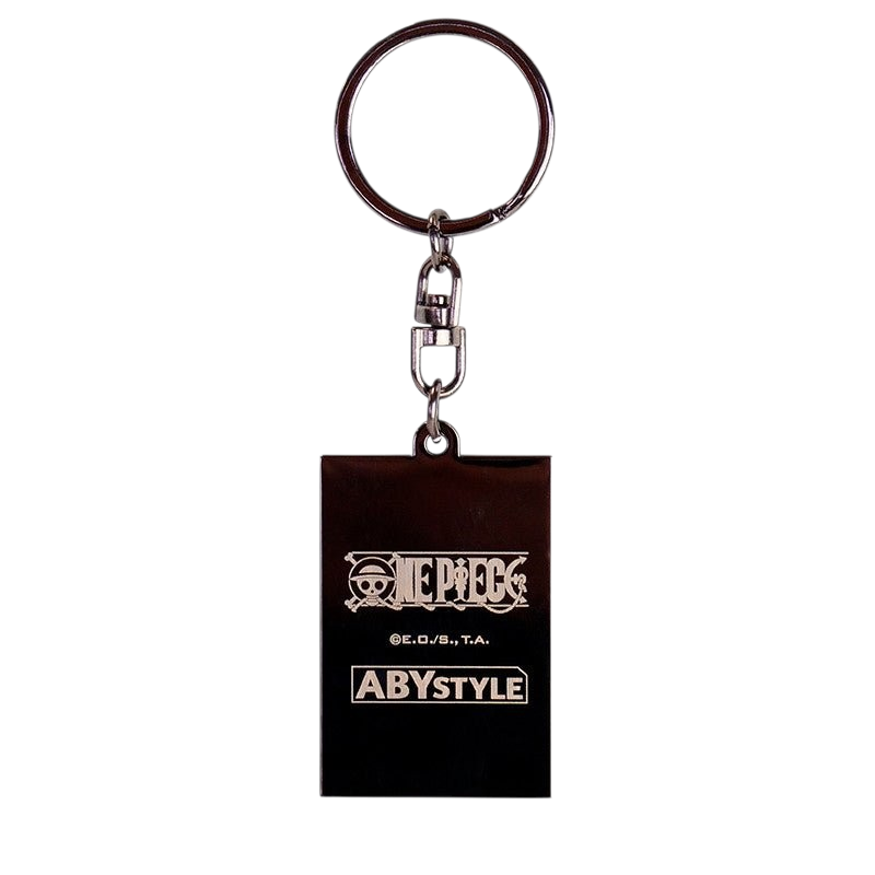 Fans Geek Store metal One Piece keychain featuring the Abystyle logo and series branding on a dark rectangular tag