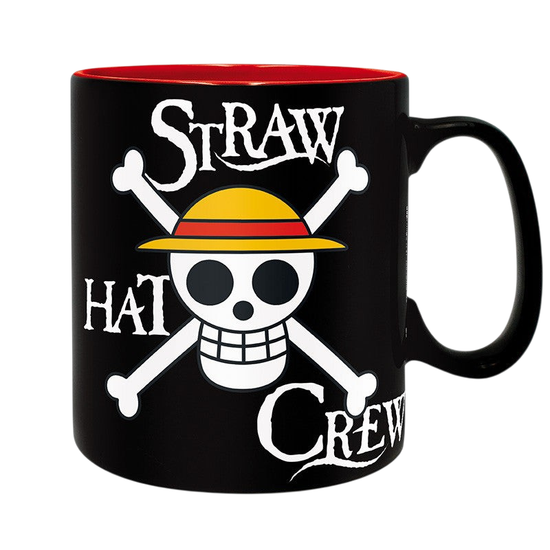 Fans Geek Store One Piece ceramic mug featuring the Straw Hat Pirates skull logo and Luffy's hat in black and red