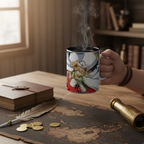 Fans Geek Store ceramic One Piece mug featuring Gol D. Roger and Whitebeard held in a hand over a pirate map desk