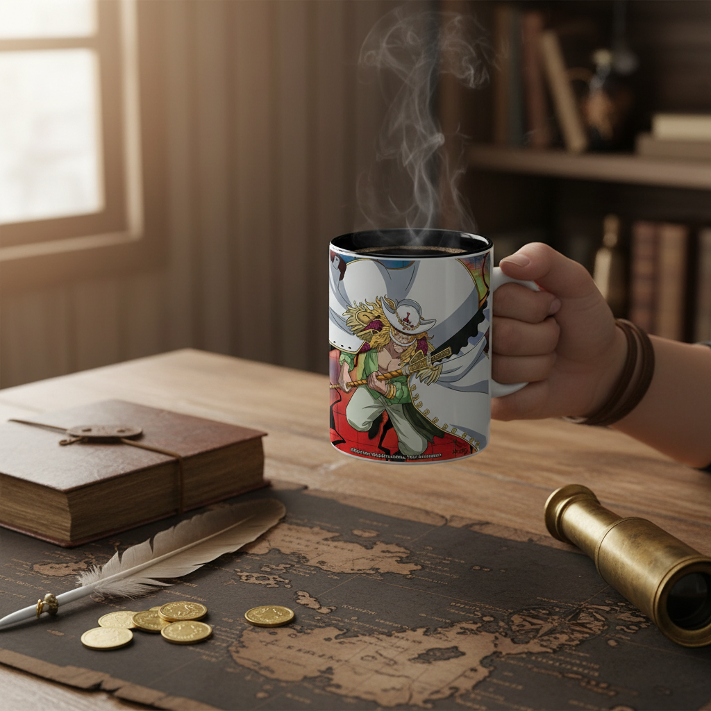 Fans Geek Store ceramic One Piece mug featuring Gol D. Roger and Whitebeard held in a hand over a pirate map desk