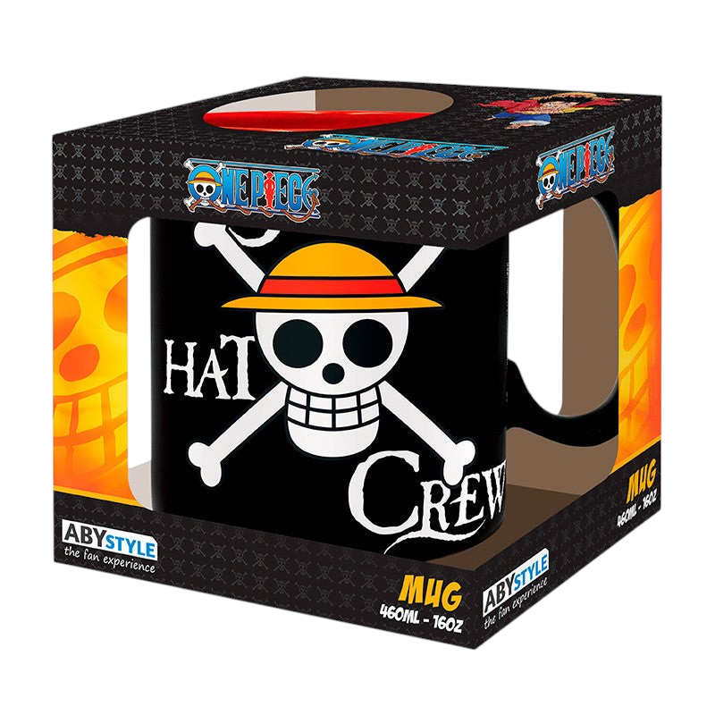 Fans Geek Store One Piece ceramic mug featuring the Straw Hat Pirates skull logo and Luffy's hat in 460ml size