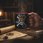 Fans Geek Store One Piece ceramic mug featuring the Straw Hat Pirates skull logo held in a hand with steam rising