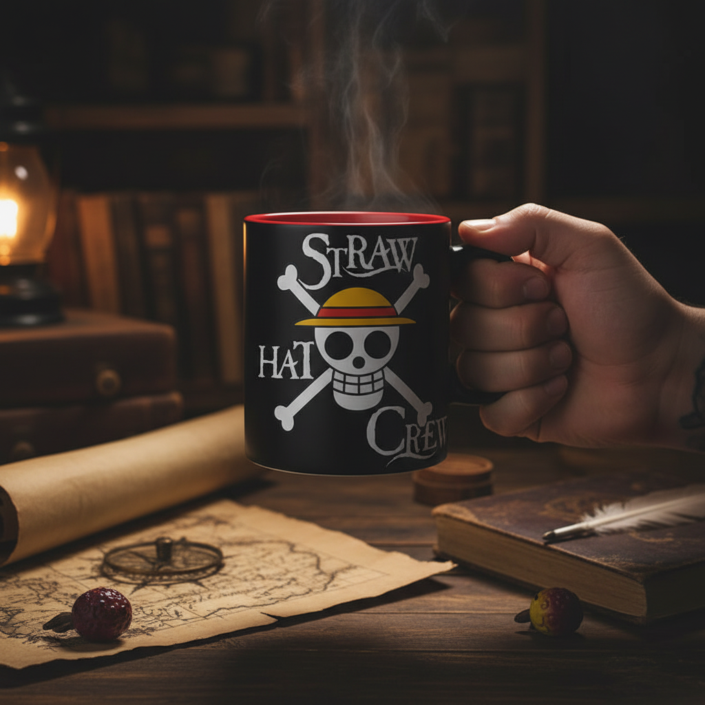 Fans Geek Store One Piece ceramic mug featuring the Straw Hat Pirates skull logo held in a hand with steam rising
