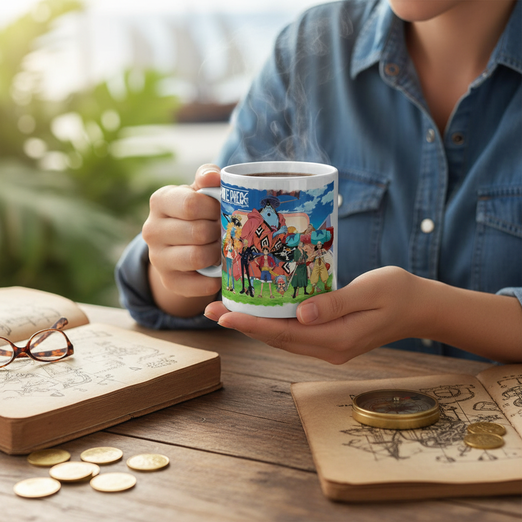 Fans Geek Store ceramic mug featuring the One Piece Straw Hat crew on the Thousand Sunny ship held by a person