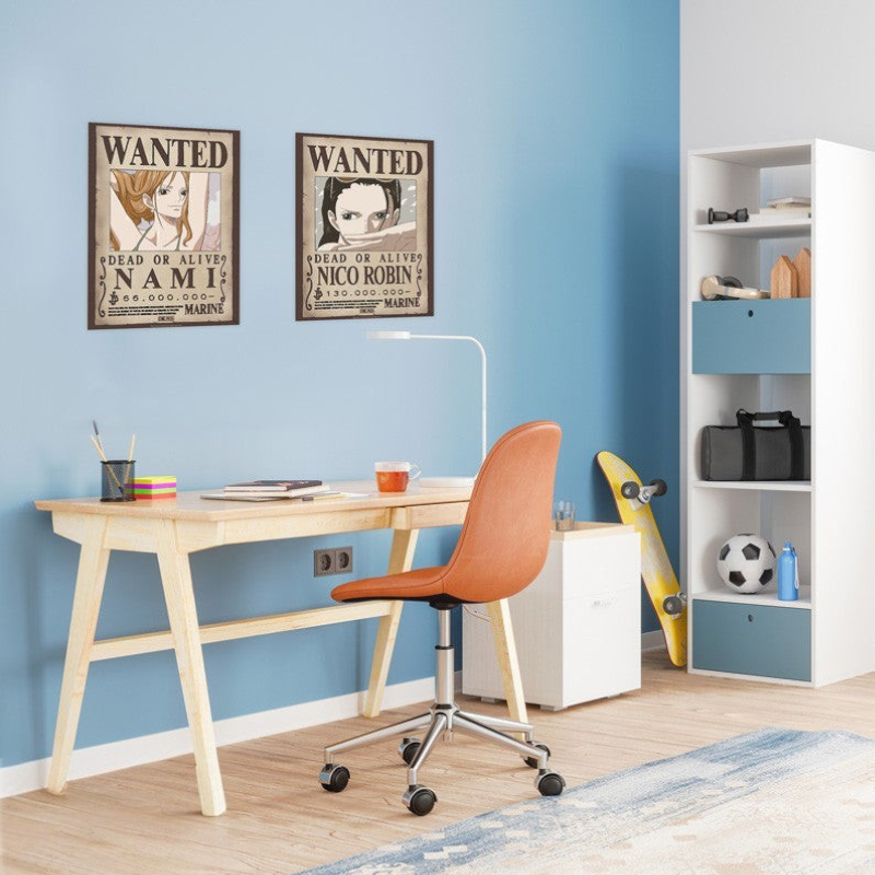 Fans Geek Store One Piece chibi wanted posters of Nami and Nico Robin displayed on a blue wall above a wooden desk.