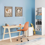 Fans Geek Store One Piece chibi wanted posters of Nami and Nico Robin displayed on a blue wall above a wooden desk.