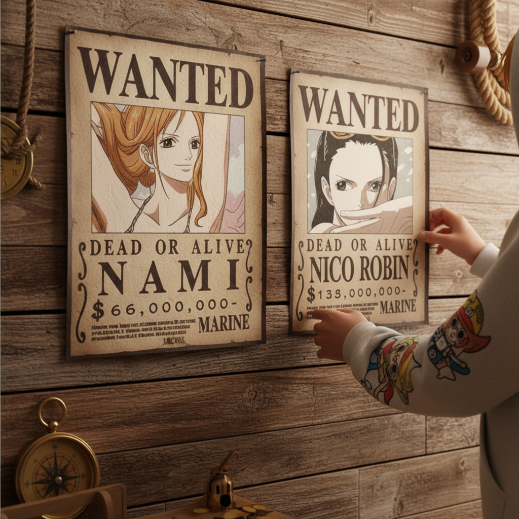 Fans Geek Store One Piece wanted posters featuring Nami and Nico Robin in chibi style on a rustic wooden wall