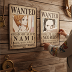 Fans Geek Store One Piece wanted posters featuring Nami and Nico Robin in chibi style on a rustic wooden wall