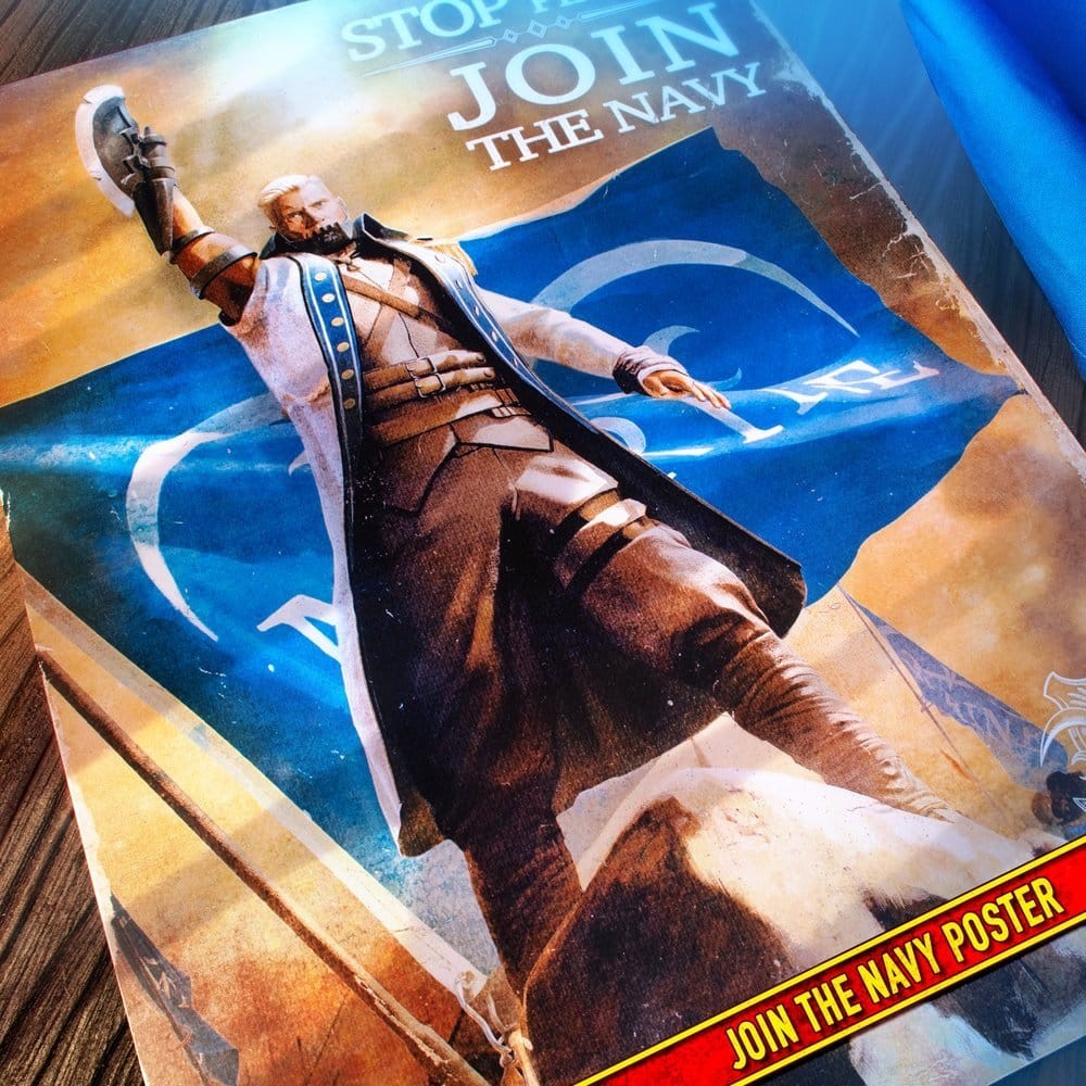 Fans Geek Store One Piece recruitment poster featuring a Marine officer in a white coat with a blue flag background.