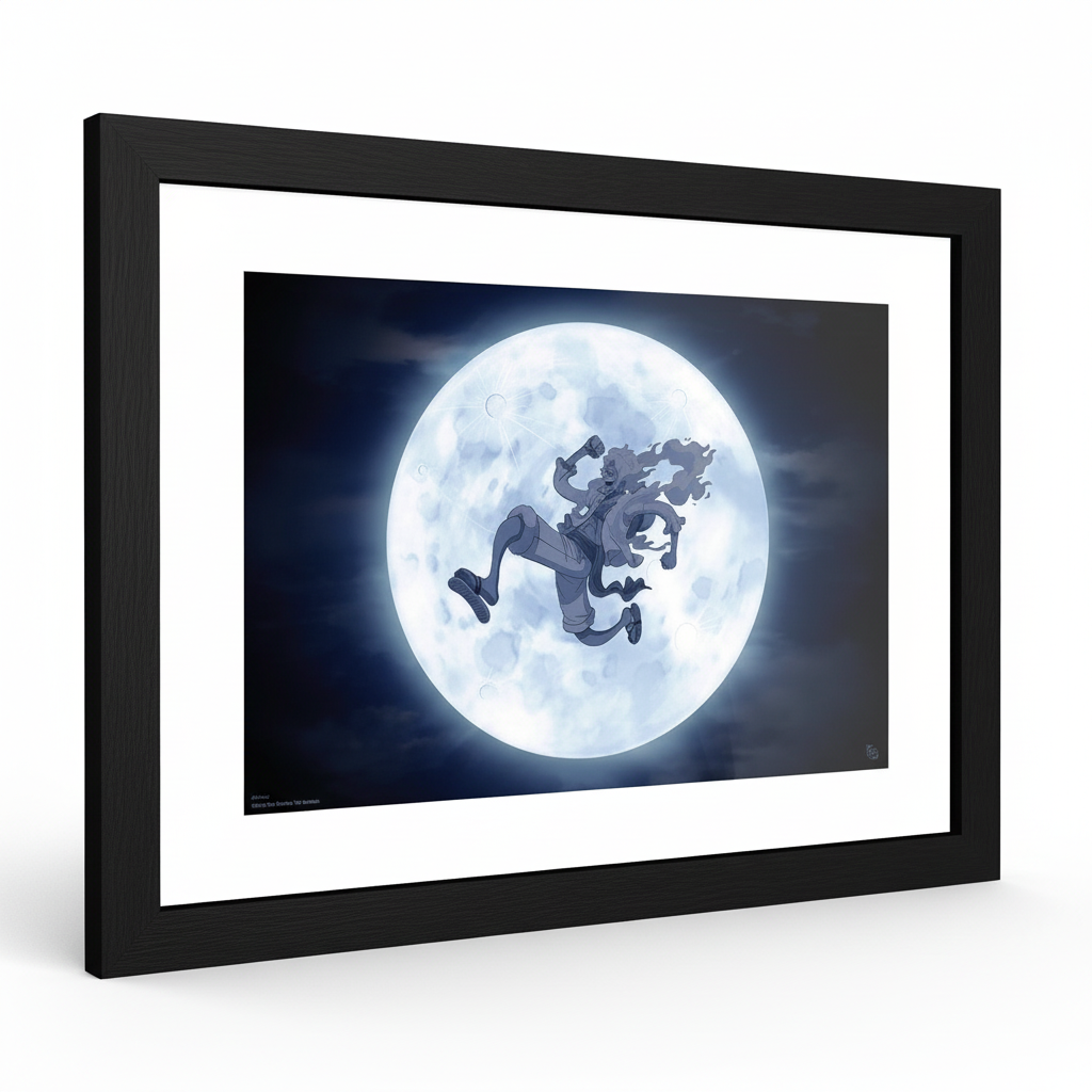 Fans Geek Store framed One Piece Nika poster featuring Luffy jumping in front of a large full moon