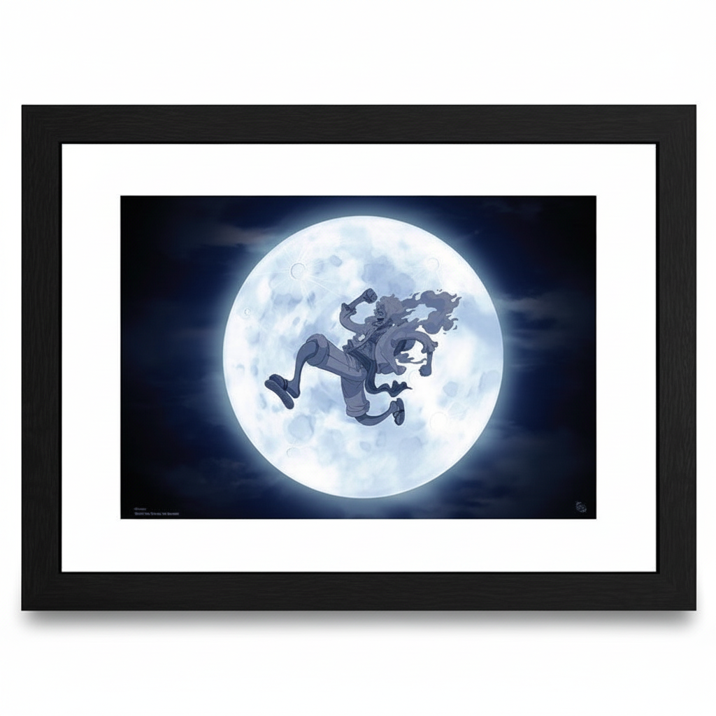 Fans Geek Store framed One Piece Nika poster featuring Luffy in his Sun God form silhouetted against a full moon