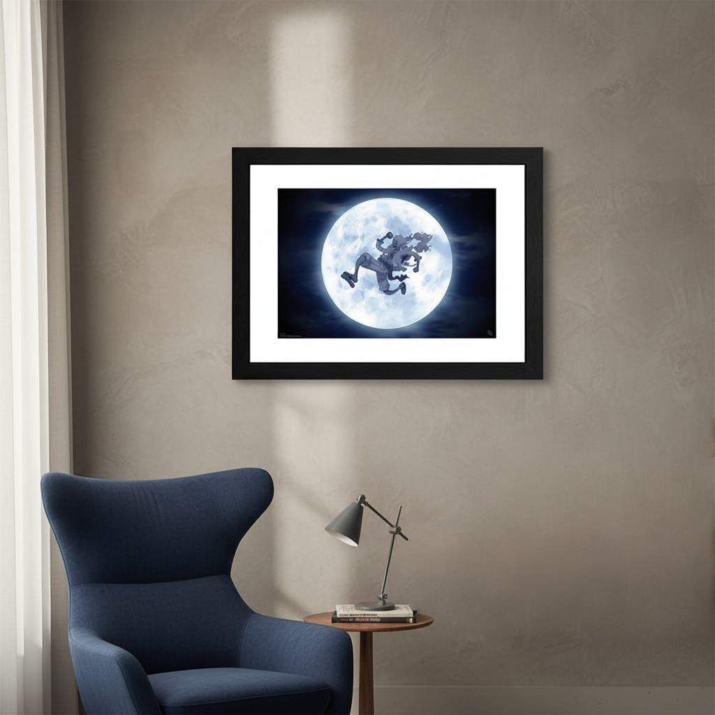 Fans Geek Store framed One Piece Nika poster featuring Luffy as Sun God against a full moon on a beige wall