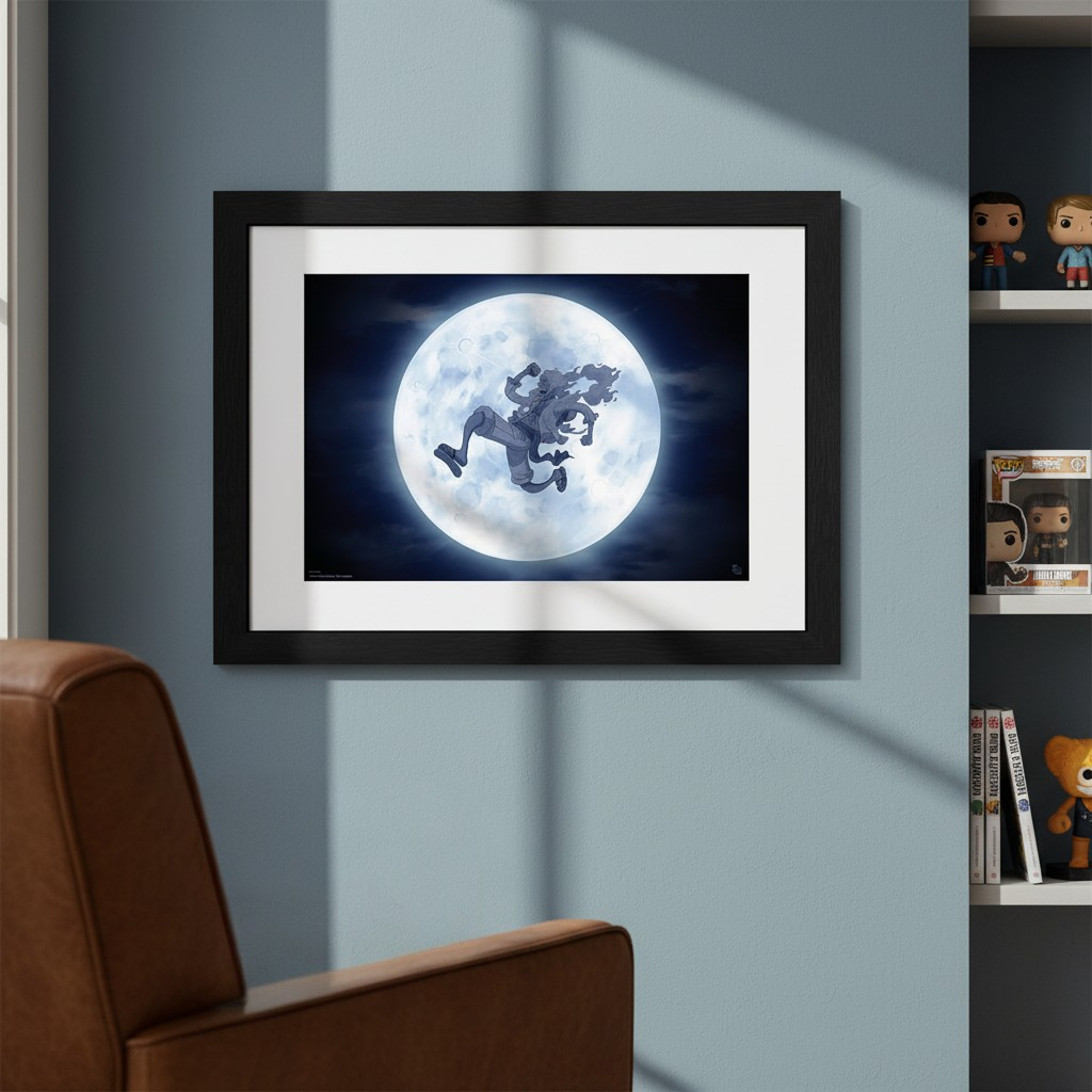 Fans Geek Store framed One Piece Nika poster featuring Luffy in front of a full moon, displayed on a blue wall.