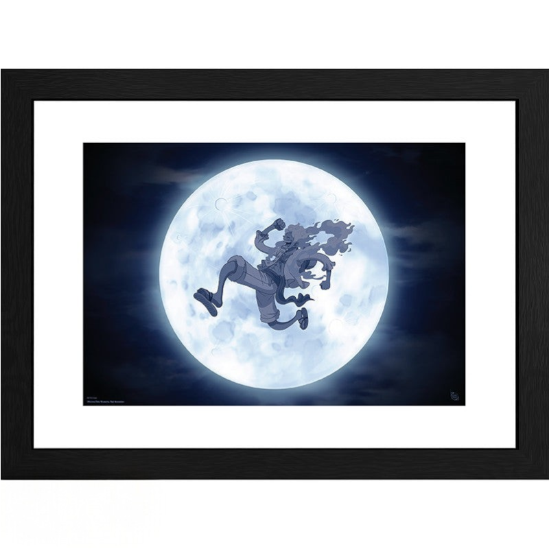Fans Geek Store framed One Piece poster featuring Luffy as Sun God Nika jumping in front of a large full moon