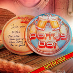 Fans Geek Store One Piece Partys Bar round cardboard coasters featuring beer mugs and recruitment rules text