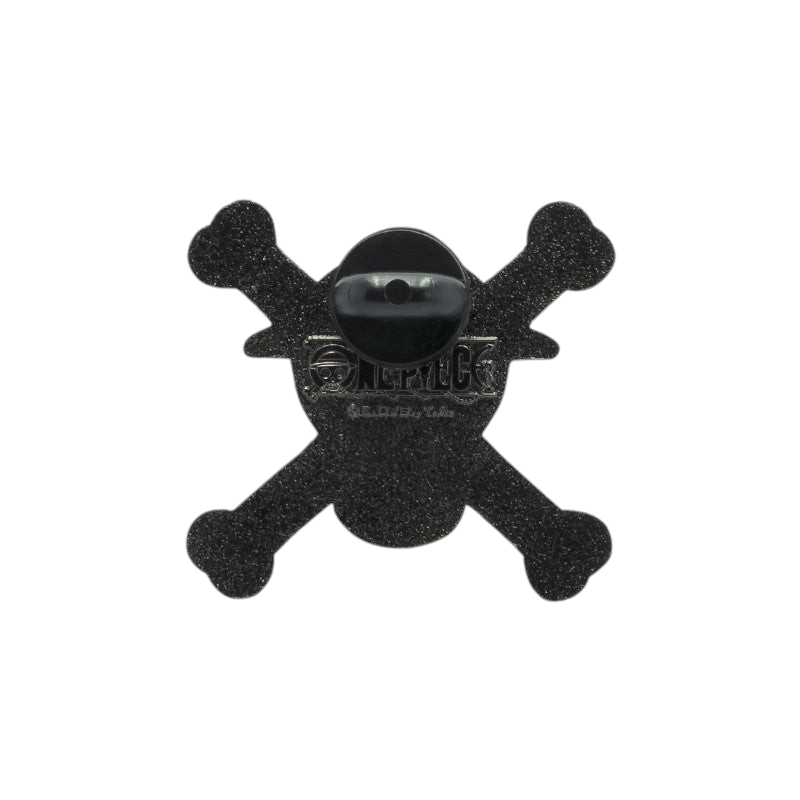 Fans Geek Store One Piece Straw Hat Skull metal pin back view showing the black clutch fastener