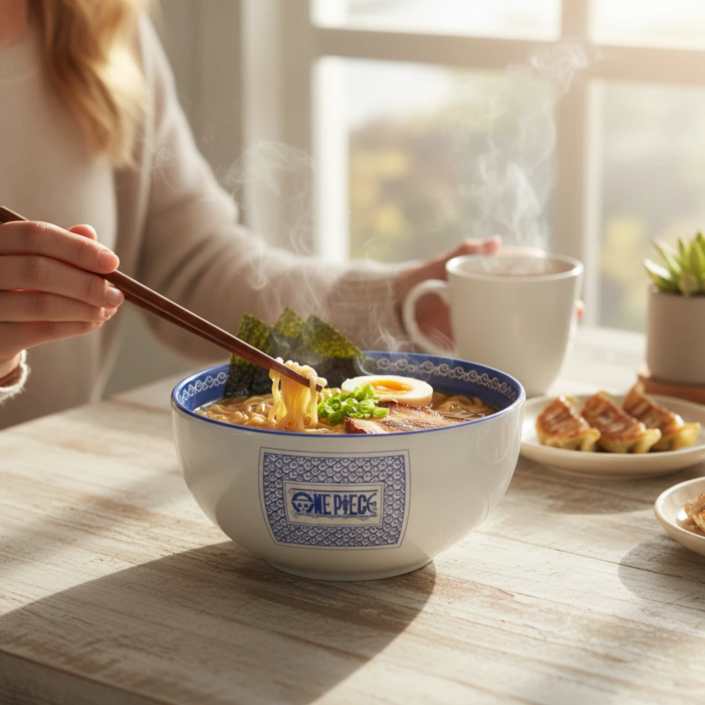 Fans Geek Store One Piece ceramic ramen bowl with blue Japanese pattern, filled with steaming noodles on a table