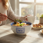Fans Geek Store One Piece ceramic ramen bowl with blue Japanese pattern, filled with steaming noodles on a table