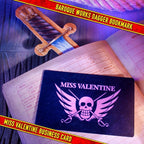 Fans Geek Store One Piece Recruitment Kit featuring a Baroque Works dagger bookmark and Miss Valentine business card.