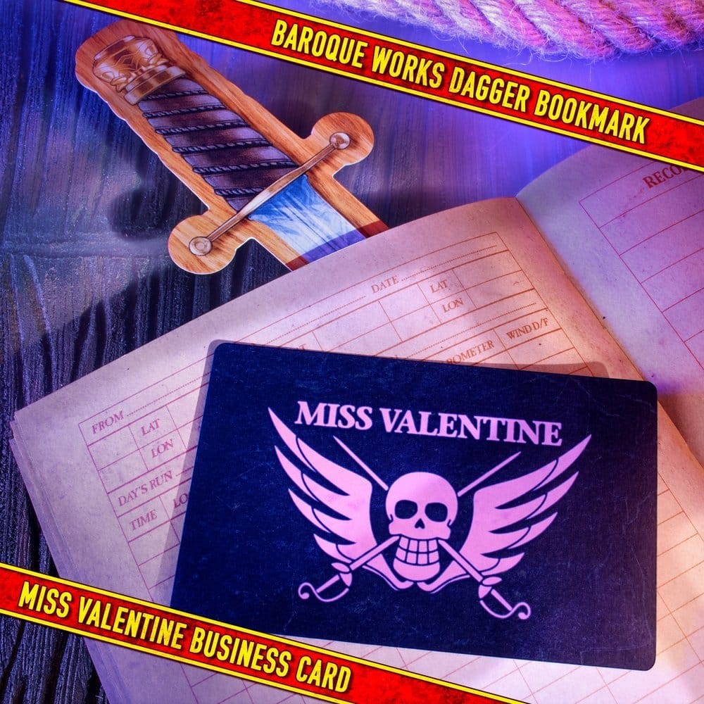 Fans Geek Store One Piece Recruitment Kit featuring a Baroque Works dagger bookmark and Miss Valentine business card.