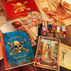 Fans Geek Store One Piece recruitment kit featuring Straw Hat Crew journals, postcards, and themed collector items.