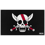 Fans Geek Store official One Piece Red Hair Pirates flag featuring Shanks' skull and sword emblem on black fabric