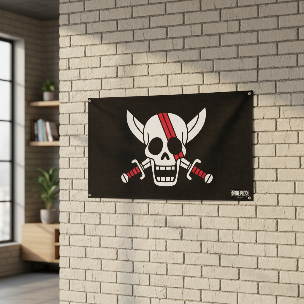 Fans Geek Store official One Piece Red Hair Pirates flag with Shanks skull logo hanging on a white brick wall