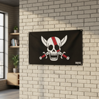 Fans Geek Store official One Piece Red Hair Pirates flag with Shanks skull logo hanging on a white brick wall