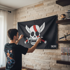 Fans Geek Store One Piece Red Hair Pirates flag hanging on a stone wall, featuring the iconic skull and sword emblem.