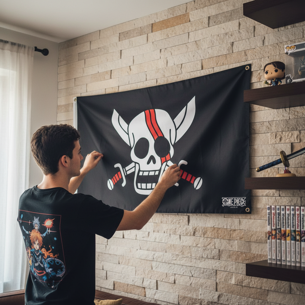 Fans Geek Store One Piece Red Hair Pirates flag hanging on a stone wall, featuring the iconic skull and sword emblem.