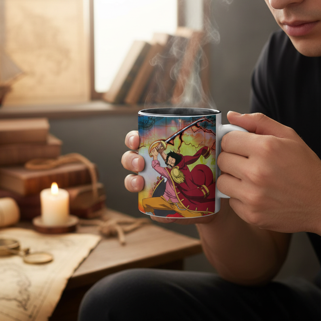 Fans Geek Store ceramic One Piece mug featuring Gol D. Roger in a battle scene, held by a man with steaming coffee.