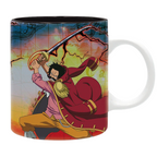 Fans Geek Store ceramic One Piece mug featuring Gol D. Roger in a dynamic battle pose against a map background