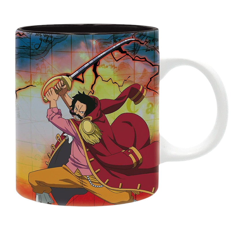 Fans Geek Store ceramic One Piece mug featuring Gol D. Roger in a dynamic battle pose against a map background