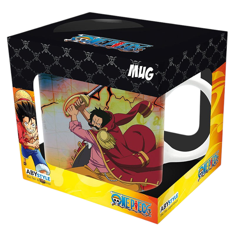 Fans Geek Store One Piece ceramic mug featuring Gol D. Roger and Whitebeard in a legendary duel design
