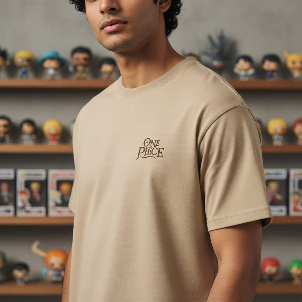 Fans Geek Store sand-colored One Piece cotton t-shirt with small logo on chest worn by a man in an anime room