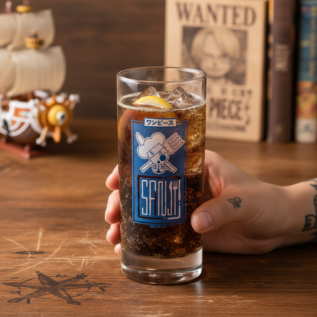 Fans Geek Store One Piece Sanji glass with blue Jolly Roger logo filled with cola and lemon on a wooden table