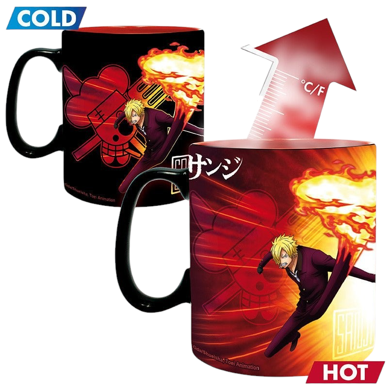 Fans Geek Store One Piece heat-sensitive ceramic mug featuring Sanji in action on the Onigashima battlefield